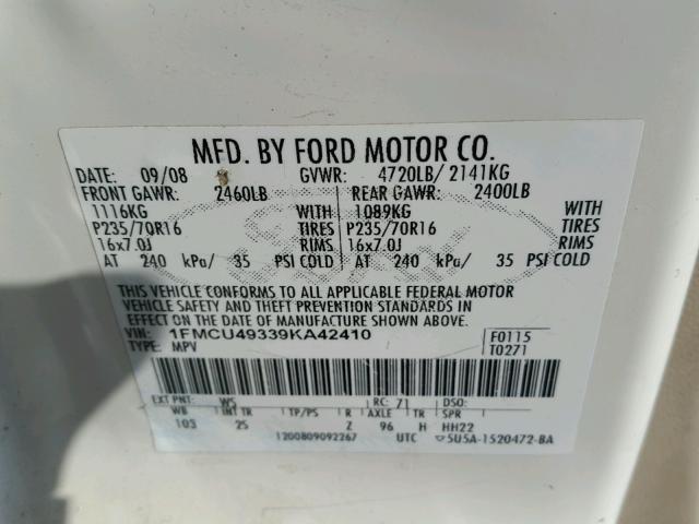 1FMCU49339KA42410 - 2009 FORD ESCAPE HYB WHITE photo 10