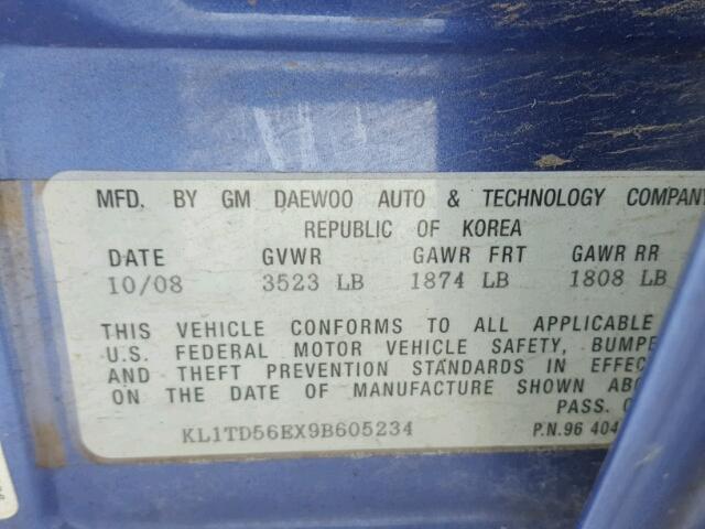 KL1TD56EX9B605234 - 2009 CHEVROLET AVEO LS BLUE photo 10