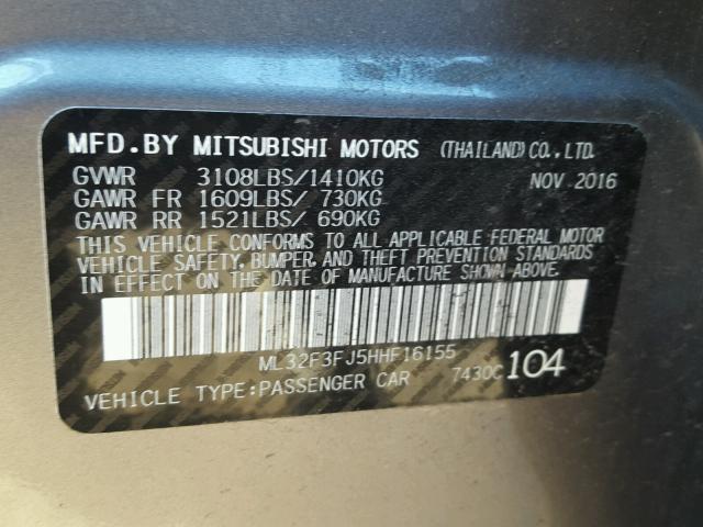 ML32F3FJ5HHF16155 - 2017 MITSUBISHI MIRAGE G4 SILVER photo 10