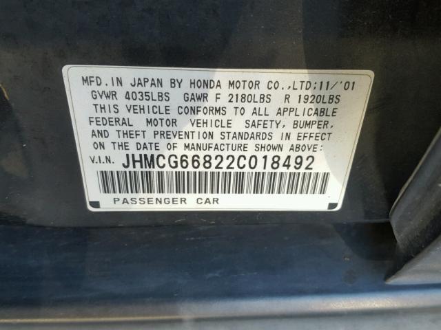 JHMCG66822C018492 - 2002 HONDA ACCORD EX BLACK photo 10