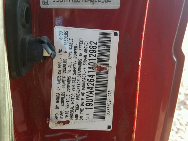 19UYA42641A012982 - 2001 ACURA 3.2CL TYPE RED photo 10