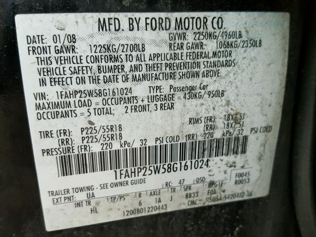 1FAHP25W58G161024 - 2008 FORD TAURUS LIM BLACK photo 10