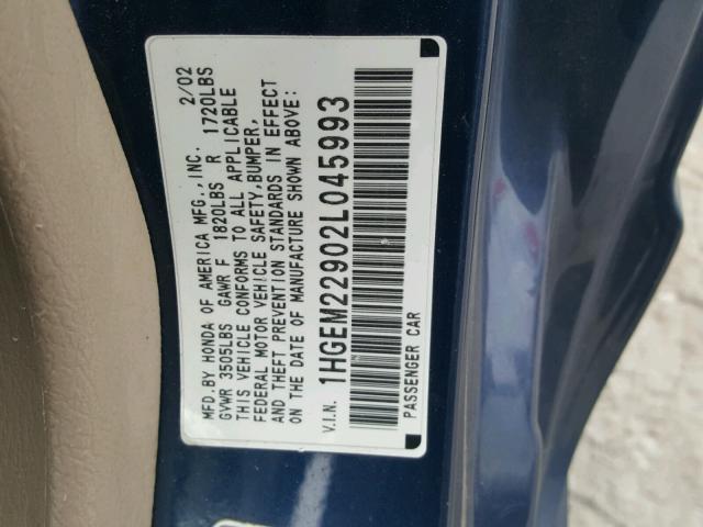 1HGEM22902L045993 - 2002 HONDA CIVIC EX BLUE photo 10