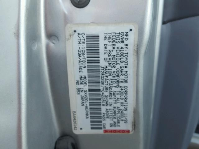 JT2BG22K7Y0422818 - 2000 TOYOTA CAMRY CE SILVER photo 10