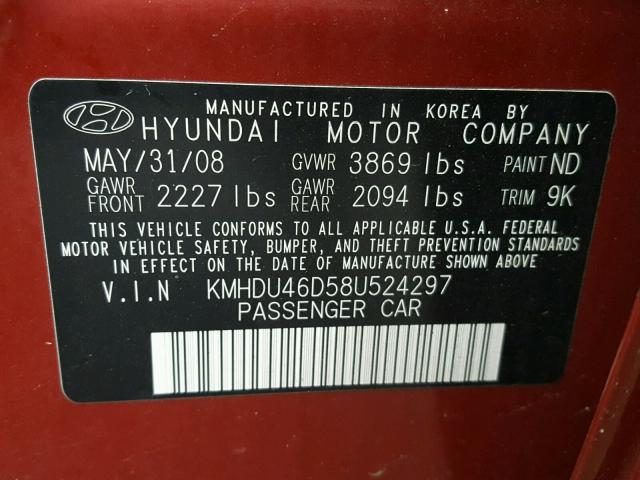 KMHDU46D58U524297 - 2008 HYUNDAI ELANTRA GL RED photo 10