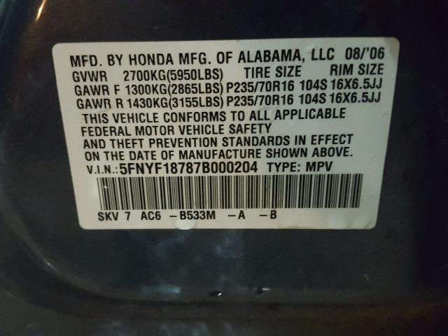 5FNYF18787B000204 - 2007 HONDA PILOT EXL BLUE photo 10