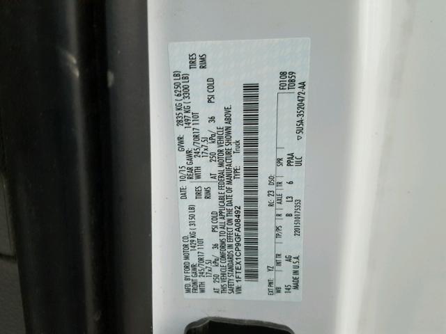 1FTEX1CP9GFA08492 - 2016 FORD F150 SUPER WHITE photo 10