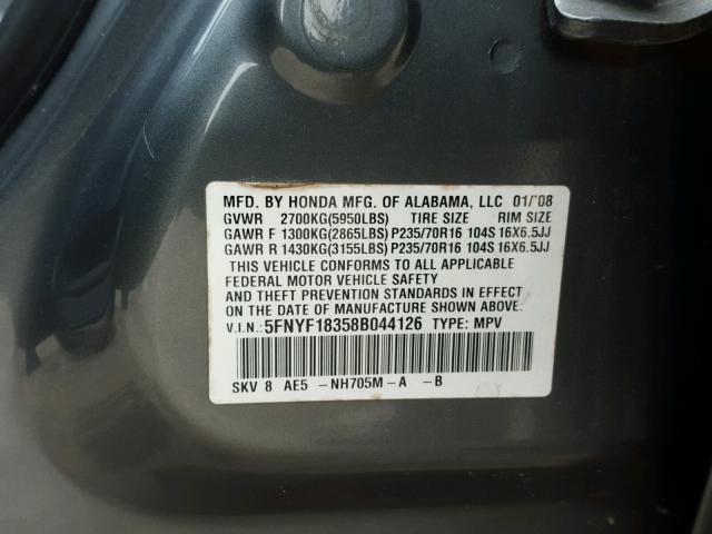 5FNYF18358B044126 - 2008 HONDA PILOT SE GRAY photo 10