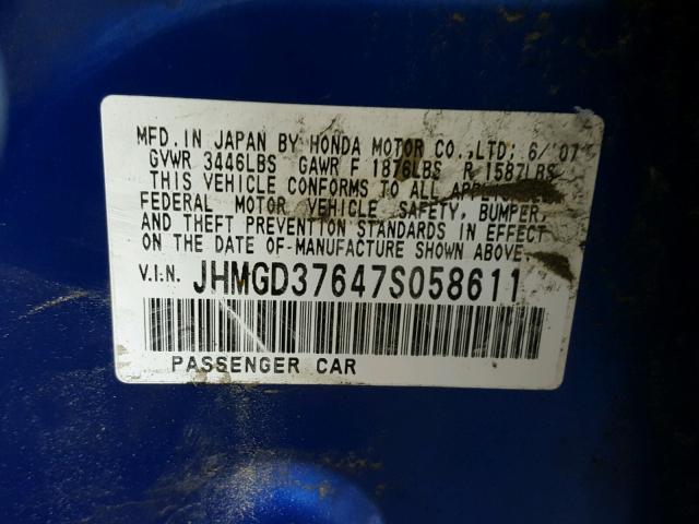 JHMGD37647S058611 - 2007 HONDA FIT S BLUE photo 10