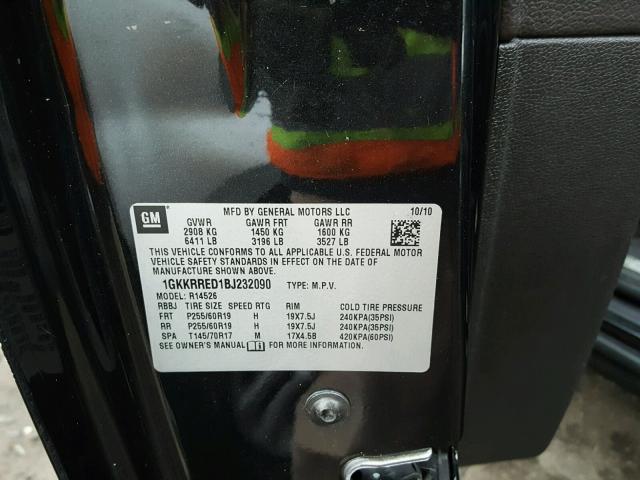 1GKKRRED1BJ232090 - 2011 GMC ACADIA SLT შავი ფოტო 10