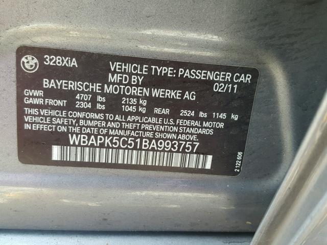 WBAPK5C51BA993757 - 2011 BMW 328 XI SUL GRAY photo 10