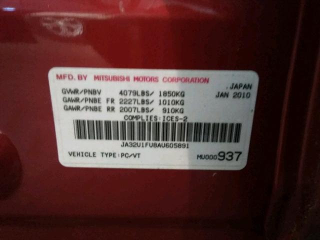 JA32U1FU8AU605891 - 2010 MITSUBISHI LANCER DE RED photo 10