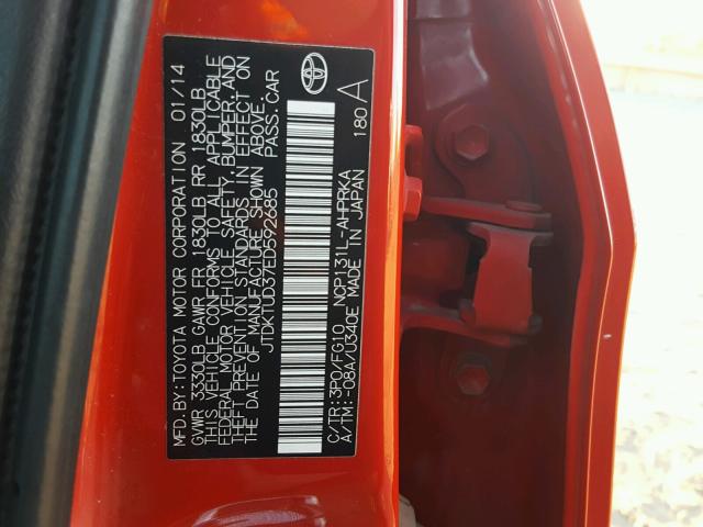 JTDKTUD37ED592685 - 2014 TOYOTA YARIS RED photo 10