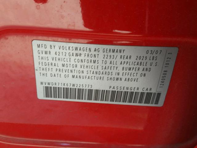 WVWDR71K67W225773 - 2007 VOLKSWAGEN RABBIT RED photo 10