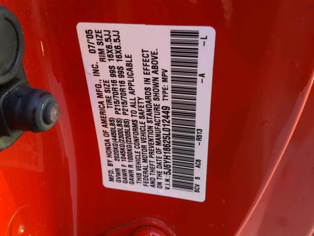 5J6YH18625L012449 - 2005 HONDA ELEMENT EX RED photo 10