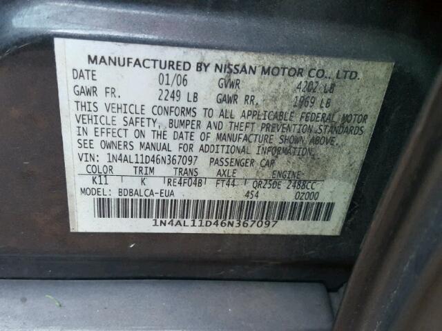 1N4AL11D46N367097 - 2006 NISSAN ALTIMA S CHARCOAL photo 10