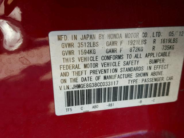 JHMGE8G38CC033117 - 2012 HONDA FIT RED photo 10