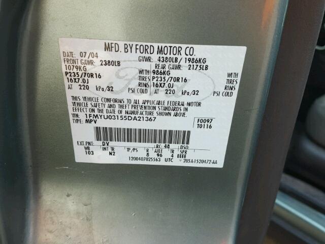 1FMYU03155DA21367 - 2005 FORD ESCAPE XLT GREEN photo 10