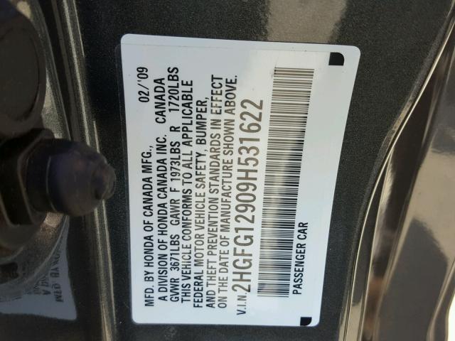 2HGFG12909H531622 - 2009 HONDA CIVIC EXL GRAY photo 10