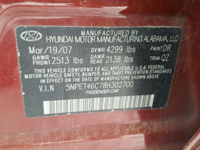 5NPET46C78H302700 - 2008 HYUNDAI SONATA GLS MAROON photo 10