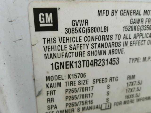 1GNEK13T04R231453 - 2004 CHEVROLET TAHOE K150 WHITE photo 10