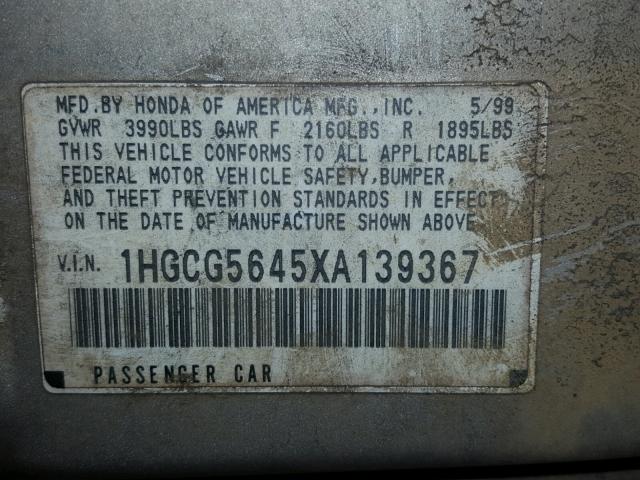 1HGCG5645XA139367 - 1999 HONDA ACCORD LX BEIGE photo 10