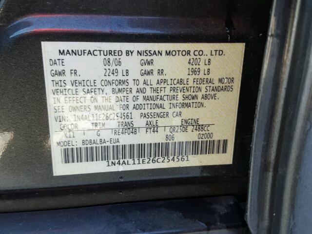 1N4AL11E26C254561 - 2006 NISSAN ALTIMA S GRAY photo 10