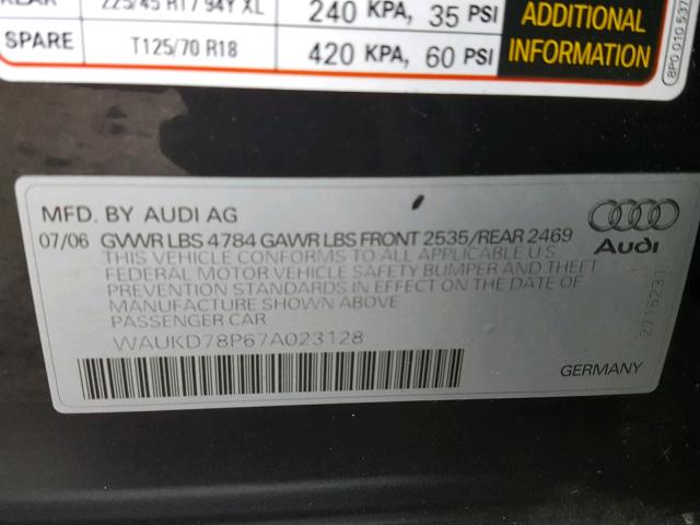 WAUKD78P67A023128 - 2007 AUDI A3 S-LINE CHARCOAL photo 10