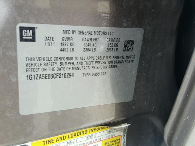 1G1ZA5E08CF216294 - 2012 CHEVROLET MALIBU LS ყავისფერი ფოტო 10