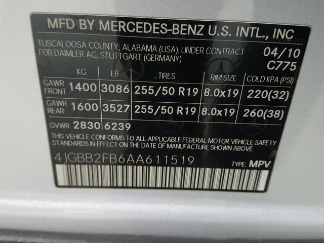 4JGBB2FB6AA611519 - 2010 MERCEDES-BENZ ML 350 BLU SILVER photo 10