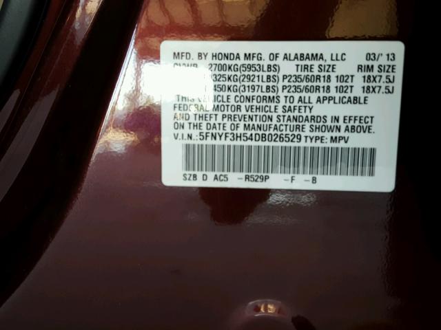 5FNYF3H54DB026529 - 2013 HONDA PILOT EXL BURGUNDY photo 10