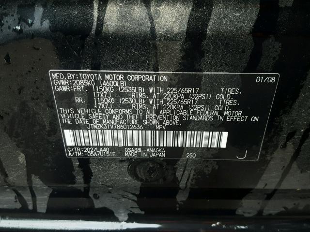 JTMZK31V786012636 - 2008 TOYOTA RAV4 LIMIT BLACK photo 10