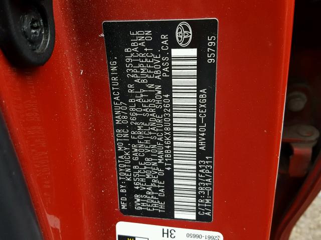 4T1BB46KX8U032604 - 2008 TOYOTA CAMRY HYBR RED photo 10