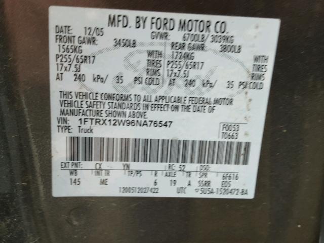 1FTRX12W96NA76547 - 2006 FORD F150 GRAY photo 10