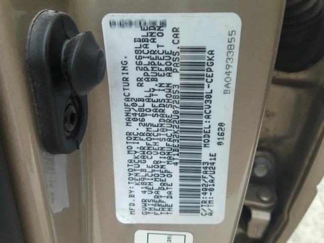 4T1BE32K22U072853 - 2002 TOYOTA CAMRY LE GOLD photo 10