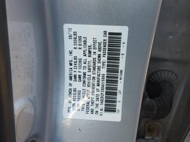 1HGCR2F3XDA019866 - 2013 HONDA ACCORD LX GRAY photo 10