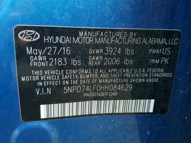 5NPD74LF0HH084629 - 2017 HYUNDAI ELANTRA SE BLUE photo 10