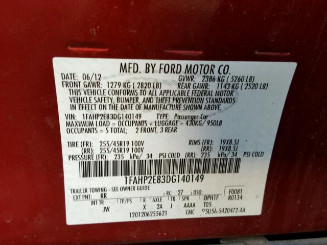 1FAHP2E83DG140149 - 2013 FORD TAURUS SEL RED photo 10