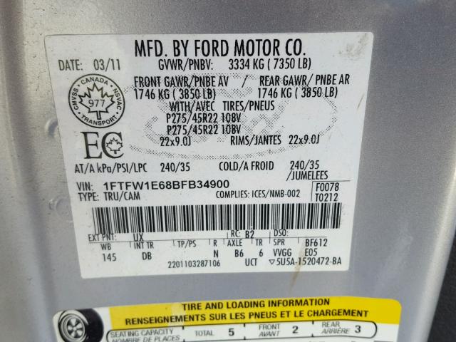 1FTFW1E68BFB34900 - 2011 FORD F150 SUPER SILVER photo 10