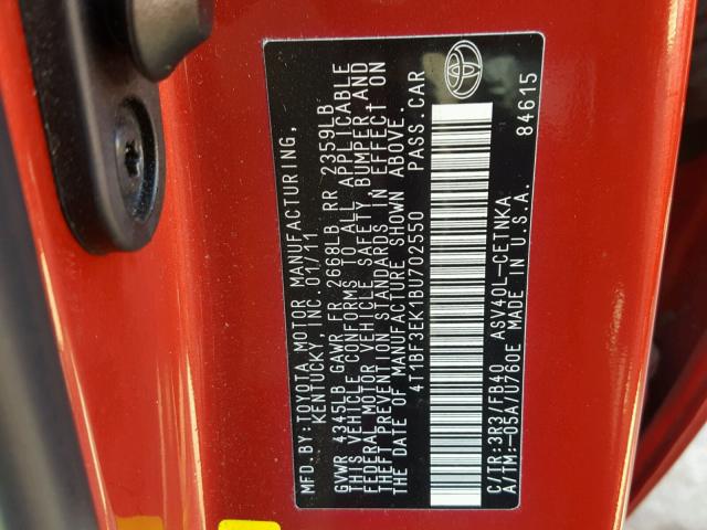 4T1BF3EK1BU702550 - 2011 TOYOTA CAMRY BASE RED photo 10
