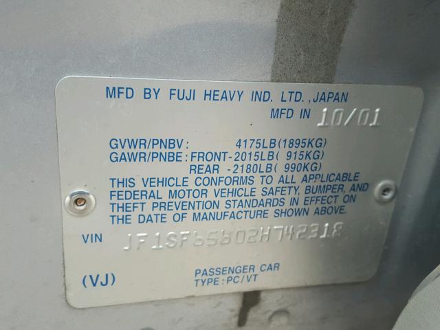 JF1SF65602H742318 - 2002 SUBARU FORESTER S SILVER photo 10