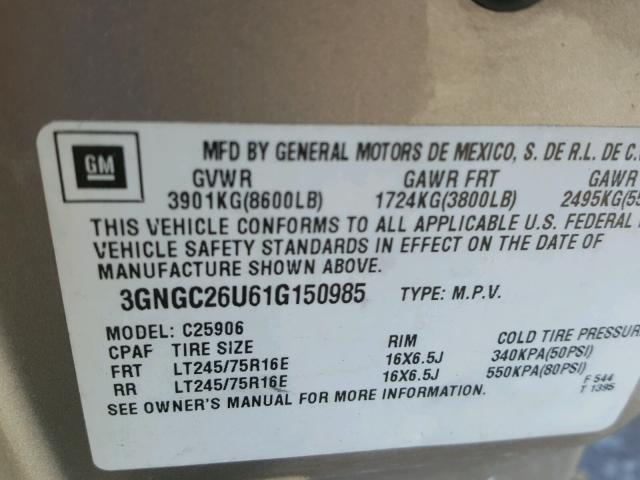 3GNGC26U61G150985 - 2001 CHEVROLET SUBURBAN C BEIGE photo 10