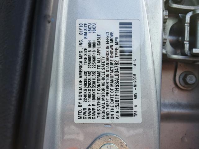 5J6TF1H53AL004782 - 2010 HONDA ACCORD CRO SILVER photo 10