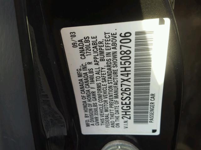 2HGES267X4H508706 - 2004 HONDA CIVIC EX BLACK photo 10