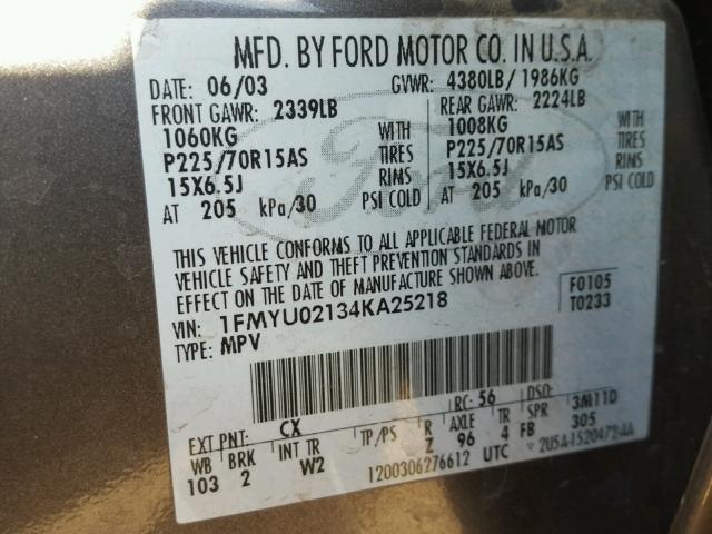 1FMYU02134KA25218 - 2004 FORD ESCAPE XLS GRAY photo 10