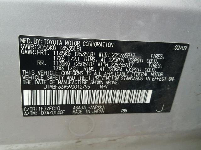 JTMBF33V59D012795 - 2009 TOYOTA RAV4 SILVER photo 10