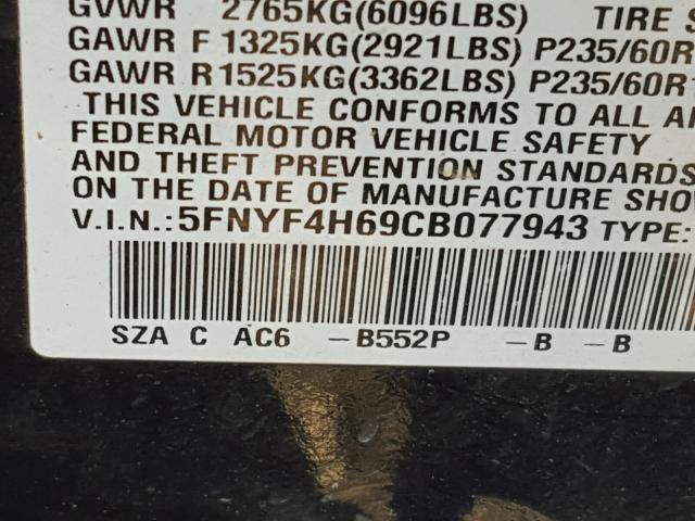 5FNYF4H69CB077943 - 2012 HONDA PILOT EXL BLUE photo 10