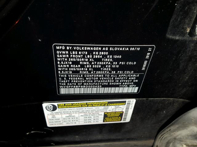 WVGFF9BP9BD000433 - 2011 VOLKSWAGEN TOUAREG V6 BLACK photo 10