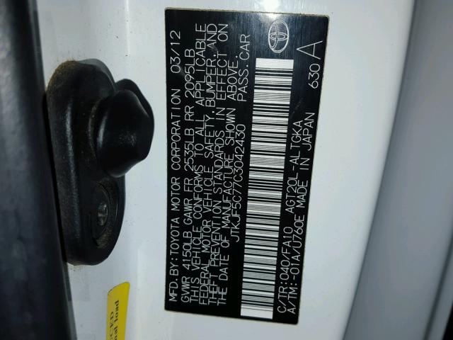 JTKJF5C77C3042430 - 2012 TOYOTA SCION TC 白色 照片 10