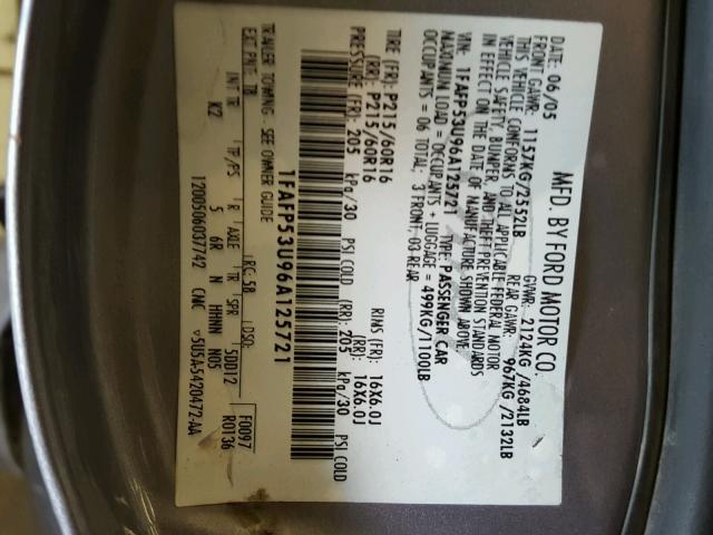 1FAFP53U96A125721 - 2006 FORD TAURUS SE SILVER photo 10